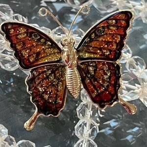 Gold-Tone Vintage Interpur Butterfly Brooch with Amber Glitter Enamel